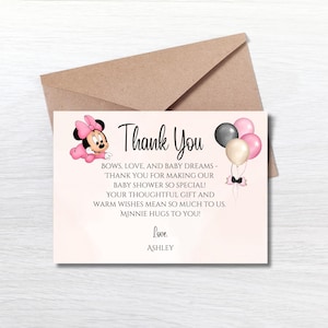 Tarjeta de agradecimiento editable para baby shower de Minnie Mouse, tema de baby shower de Minnie Mouse de Disney, es una niña, Minnie rosa, agradecimiento mm01 DESCARGA INMEDIATA