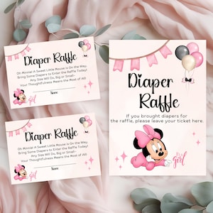 Minnie Maus Windel Raffle Zeichen und Tickets, Disney Minnie Babyparty Thema Dekorationen, Pink Baby Minnie, mm01 Bearbeitbar SOFORT DOWNLOAD