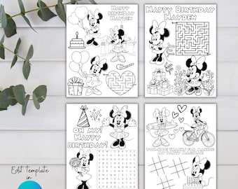 Minnie Mouse Birthday Party Coloring Sheets, Party Favor Coloring Pages, Editable Instant Digital Download, Minnie Party Theme Decorations