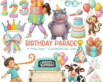 Birthday Party Clipart, Kids Birthday PNG, Party Animals Graphics, Invitation Design, Cakes, Balloons, Commercial Use