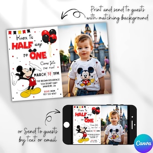 Halve verjaardag Mickey Mouse uitnodiging, jongen 1/2 verjaardagsuitnodiging, 6 maanden babyjongen verjaardagsuitnodiging, halverwege naar één bewerkbare download MM1