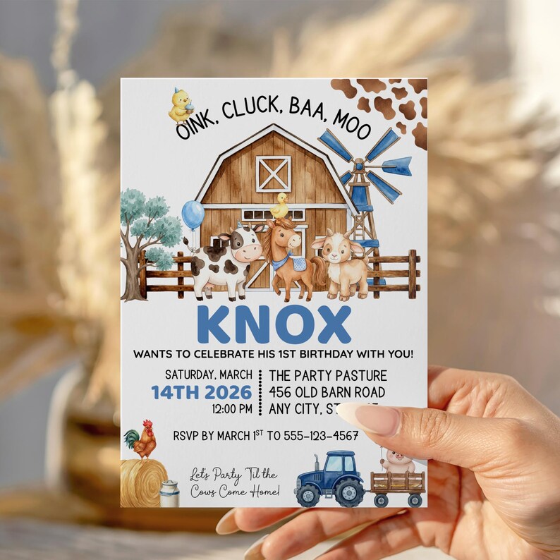 Farm Birthday First Birthday Invitation, Editable Barnyard Animal Party ...