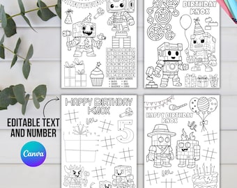 Blocky Robot Birthday Coloring Pages, Printable Builder Game Coloring Sheets, STEM Craft Party Activity, Buildabits™ Party  Instant Download