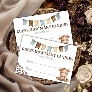 May include: Two white cards with the text "GUESS HOW MANY CANDIES are in the jar." feature a banner of brown and blue flags. A watercolor illustration of a calf is on each card. The cards are designed for a baby shower game.