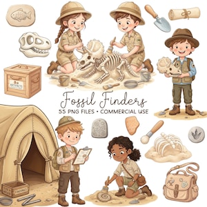 May include: A digital illustration of children as paleontologists, excavating fossils. The image includes a dinosaur skeleton, tools, a tent, and the text "Fossil Finders". The colour scheme is beige, brown, and tan.
