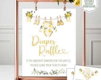 Lemon Baby Shower Windel Raffle Tickets - Druckbare Raffle Schild & Karten, bearbeitbare Vorlage für Gender Neutral Citrus Party Spiele