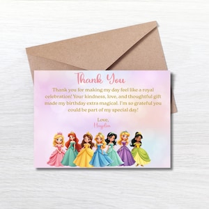 Bewerkbare bedankkaart prinses verjaardagsfeestje, afdrukbaar Koninklijk feest, prinses verjaardagskaart, prinses verjaardagsthema, instant download