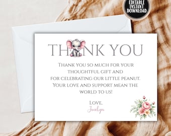 May include: A white thank you card featuring a baby elephant illustration and the words "THANK YOU". The card includes the text "Thank you so much for your thoughtful gift and for celebrating our little peanut."