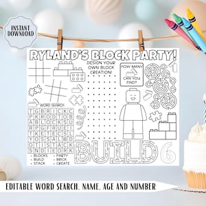 May include: Black and white printable party activity sheet with the text "RYLAND'S BLOCK PARTY!" featuring a word search, mazes, and block-themed illustrations. Includes the text "EDITABLE WORD SEARCH, NAME, AGE AND NUMBER."