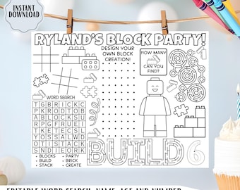 Tapete individual con actividades de bloques de construcción para cumpleaños – Tapete para colorear para fiesta de constructores, plantilla imprimible y editable para fiesta de bloques