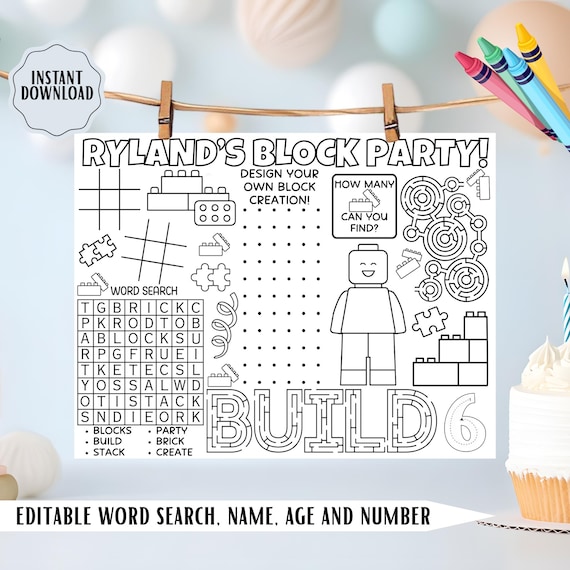 Building Blocks Birthday Activity Placemat – Builder Party Coloring Mat, Block Party Printable, Editable Template