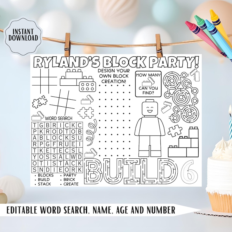 May include: Black and white printable party activity sheet with the text "RYLAND'S BLOCK PARTY!" featuring a word search, mazes, and block-themed illustrations. Includes the text "EDITABLE WORD SEARCH, NAME, AGE AND NUMBER."