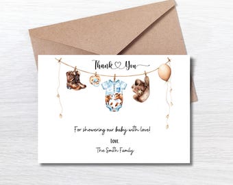 Editable Cowboy Baby Shower Thank You Card, Little Cowboy is on the Way Thank You Note, Western Rodeo Boy, Wild West, cg01 Instant Download