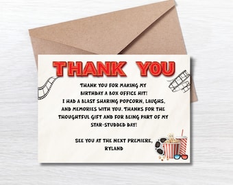 May include: Red and white thank you card with a movie theme. The card says "Thank you for making my birthday a box office hit!" and "See you at the next premiere, Ryland".