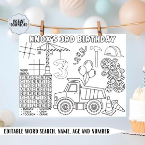 May include: Black and white printable birthday activity sheet for a third birthday. Features a word search, construction-themed illustrations, and the text "KNOX'S 3RD BIRTHDAY". Includes a dump truck, crane, and other construction elements.