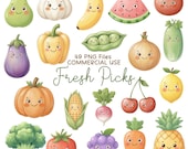 Fruits and Veggies Clipart, Kawaii Fruit & Vegetables PNG Set, Garden Food Characters, Kids Learning Clip Art, Commercial Use