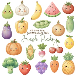 May include: A selection of cartoon illustrations of fruits and vegetables, each with a smiling face. Includes a pear, garlic, banana, watermelon, tomato, aubergine, pepper, peas, onion, cucumber, pumpkin, corn, radish, cherries, lemon, broccoli, strawberry, grapes, carrot, and pineapple. Text reads "Fresh Picks".