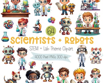 Scientist Robot Clipart – Cute Science Lab Kids, STEM Young Inventors Clip Art PNG Graphics, Diverse Kids, Instant Download, Commercial Use