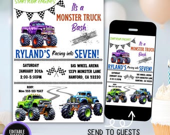 Faire-part d'anniversaire Monster Truck : modèle de fête de course modifiable (téléchargement numérique)