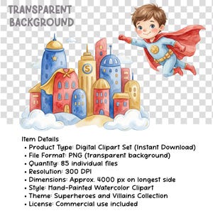 May include: Watercolor illustration of a superhero flying above a city. The city features colorful buildings in red, blue, and yellow. The superhero wears a blue suit, red cape, and has brown hair. The words "TRANSPARENT BACKGROUND" are at the top.