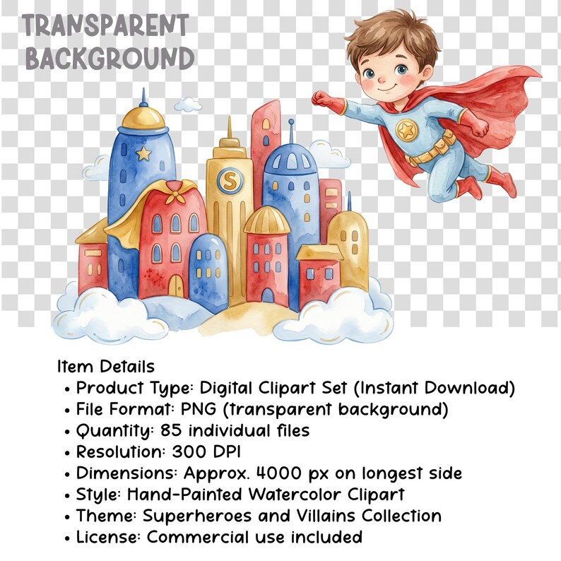 May include: Watercolor illustration of a superhero flying above a city. The city features colorful buildings in red, blue, and yellow. The superhero wears a blue suit, red cape, and has brown hair. The words "TRANSPARENT BACKGROUND" are at the top.