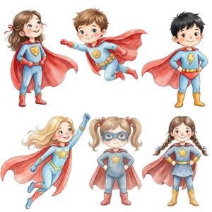 May include: Watercolor illustration of six children dressed as superheroes. Each child wears a blue suit with a star emblem, a red cape, and boots. The children are in various poses, including flying and standing.