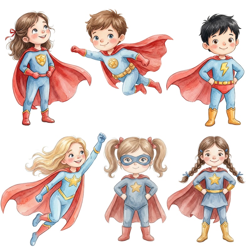 May include: Watercolor illustration of six children dressed as superheroes. Each child wears a blue suit with a star emblem, a red cape, and boots. The children are in various poses, including flying and standing.