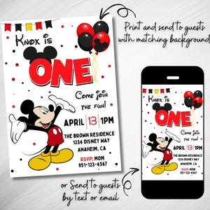 BEWERKBARE Mickey Mouse 1e verjaardagsuitnodiging, Mickey Mouse cartoon verjaardagsthema, Disney Mickey-feestuitnodiging, MM1 INSTANT DOWNLOAD