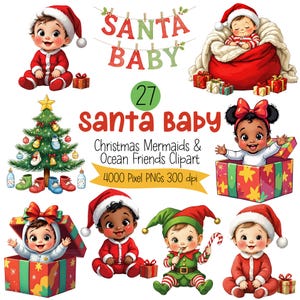 Può includere: Illustrazione digitale con bambini vestiti con costumi di Babbo Natale ed elfi. Sono inclusi anche un albero di Natale e scatole regalo. Il testo "SANTA BABY" e "Christmas Mermaids & Ocean Friends Clipart" sono visualizzati.