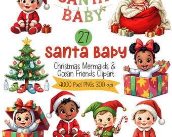 May include: A digital illustration featuring multiple images of babies dressed in Santa Claus outfits and elf costumes. A Christmas tree and gift boxes are also included. The text "SANTA BABY" and "Christmas Mermaids & Ocean Friends Clipart" are displayed.
