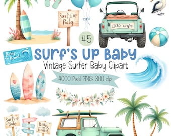 Surf Baby Clipart Bundle | Beach Jeep & Surfboard PNGs, Tropical Ocean Graphics, Digital Download