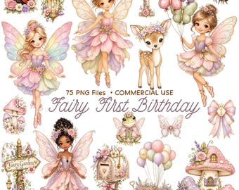 Fairy First Birthday Clipart Bundle PNG, Butterfly Fairy Graphics, Fairy Garden Party Clip Art, Commercial Use