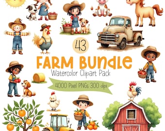 Cute Farm Clipart, Cute Kids-Farm Animals-Tractor-Barn-Harvest Clip Art, Farm Art Graphics PNG Files, Instant Download, Commercial License