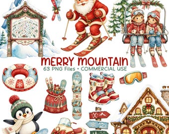 Christmas Ski Clipart Bundle, Skiing & Snowboard PNG, Winter Sports, Ski Resort, Santa Clip Art, Commercial Use