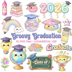 Puede incluir: Una colección de gráficos coloridos de graduación estilo caricatura. Incluye un lápiz arcoíris, un globo terráqueo, un trofeo y los textos "Groovy Graduation" y "Class of". También aparece el año "2026".