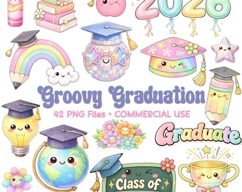 Graduation Clipart PNG Set, Class of 2026 Clip Art, Groovy Grad Elements, School Graphics, Diploma Cap Balloon, Commercial Use