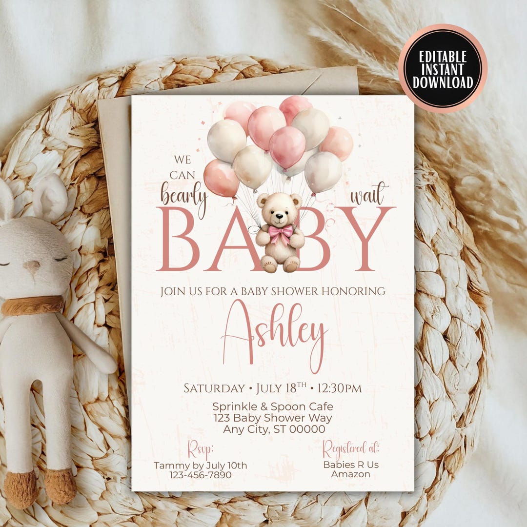 Pink Balloon Teddy Bear Baby Shower Invitation | Editable Girl Invite ...
