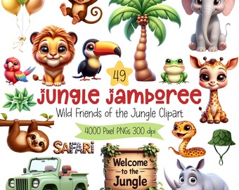 Jungle Safari Animals Clipart – Wild Jungle Friends PNGs, Cute Tropical Safari Animal Illustrations for Kids Crafts, Party Printables