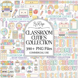 Könnte beinhalten: Eine digitale Sammlung von Grafiken zum Thema Klassenzimmer mit pastellfarbenem Schulbedarf, Buchstaben und Zahlen. Der zentrale Text lautet By TeeDesign CLASSROOM CUTIES COLLECTION 390+ PNG Files COMMERCIAL USE.