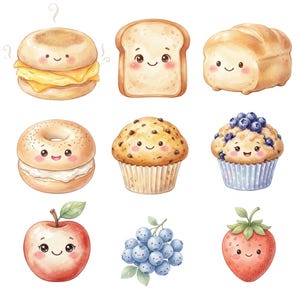 May include: A watercolour illustration featuring a selection of breakfast items and fruits, each with a smiling face. The image includes an English muffin sandwich, toast, a loaf of bread, a bagel, a muffin, blueberries, an apple, and a strawberry.