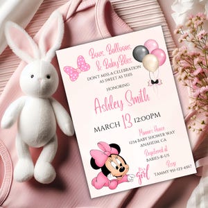 Invito per baby shower Minnie Mouse MODIFICABILE, tema Disney Minnie, Baby Minnie rosa, è una bambina, biglietto Minnie, mm01 DOWNLOAD IMMEDIATO