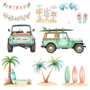 May include: Watercolor illustration featuring a teal jeep with a surfboard, palm trees, surfboards, and beach-themed elements. Includes signs that say "Surf's up Baby", "Welcome Little Surfer", and "Baby on Board". Also includes balloons and floral accents.