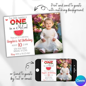 Puede incluir: Una invitación imprimible para una fiesta de primer cumpleaños con temática de sandía. La invitación presenta un gráfico de sandía con el texto "Our little sweetie is ONE in a Melon!" e incluye detalles sobre la fiesta, como la fecha, la hora y el lugar. La invitación también incluye una foto de una niña.