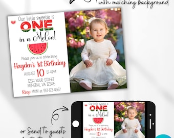 One in a Melon First Birthday Invitation • Watermelon Summer Party Template • Editable Photo Invite