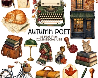 Autumn Book Clipart Bundle, Dark Academia, Vintage Fall PNG, Bookish Illustration, Commercial Use