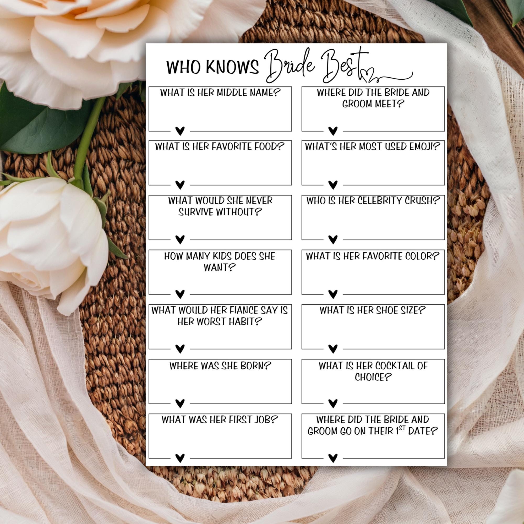 Who Knows the Bride Best Game, Bridal Shower Game Printable, Bridal Shower Question Game, Bridal Shower Activity, Editable Instant Template
