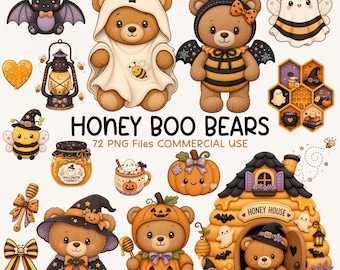 Halloween Teddy Bear Clipart PNG Bundle, Ghost Bee Pumpkin Graphics, Honey Boo Bears, Commercial Use
