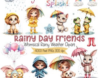 Rainy Day Clipart Bundle, Kids Umbrella PNG Graphics, Spring Weather Animals Commercial Use