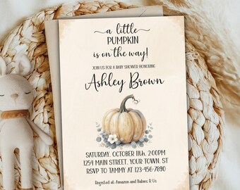 Pumpkin Baby Shower Invitation: Fall Gender Neutral 5×7 Invite, Editable Pumpkin & Eucalyptus Template, Printable (Instant Download)