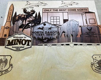 MINOT AFB North Dakota 3D Wooden Name Plaque Air Force Army Marines Navy Space Force Veteran PCS Retirement Gift